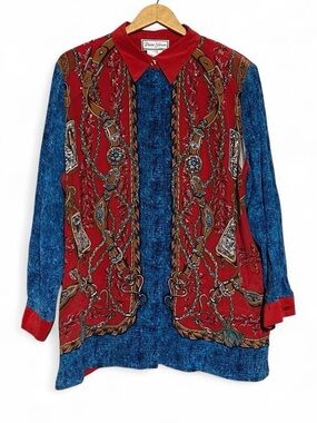 Diane Gilman Red & Blue silk western vest motif Blouse